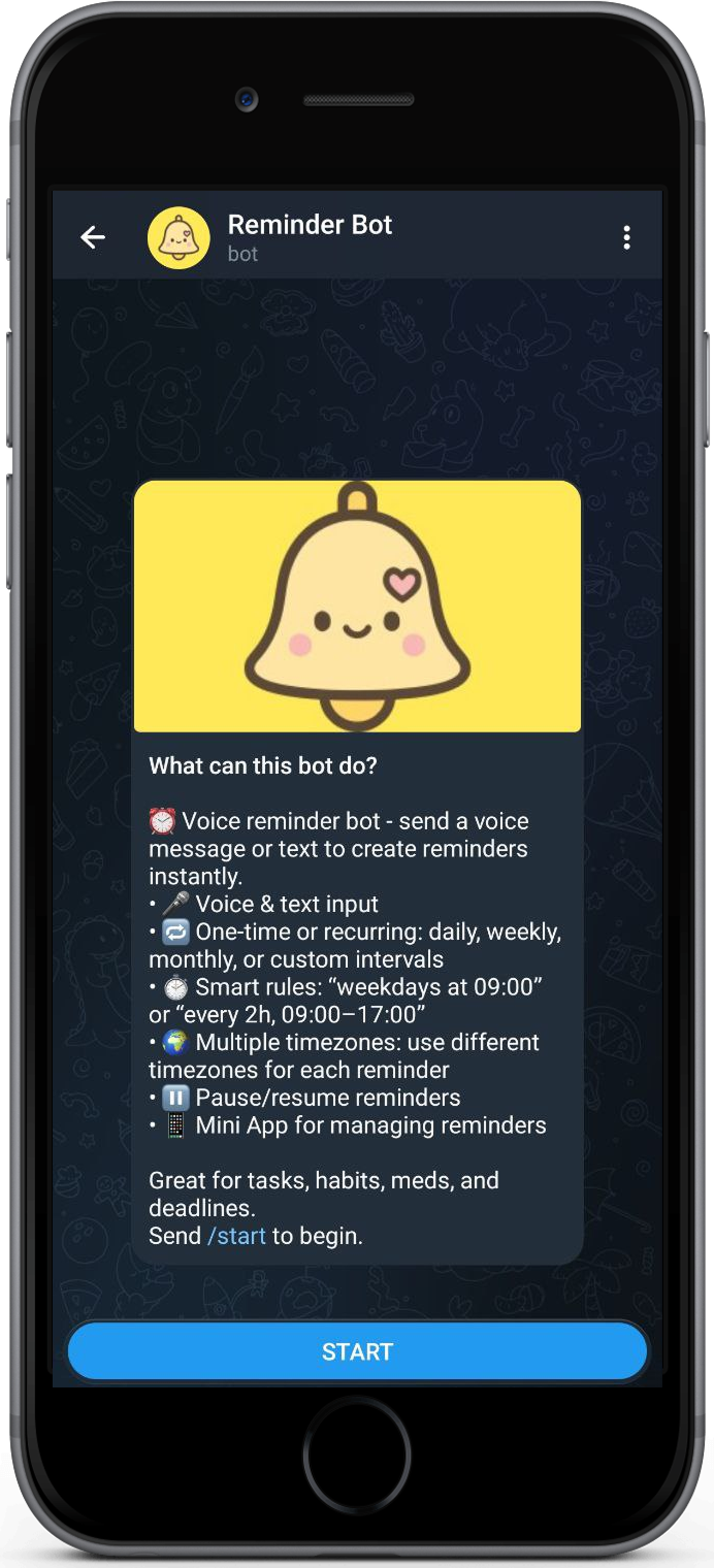 KindlyRemindly Telegram reminder bot intro screen
